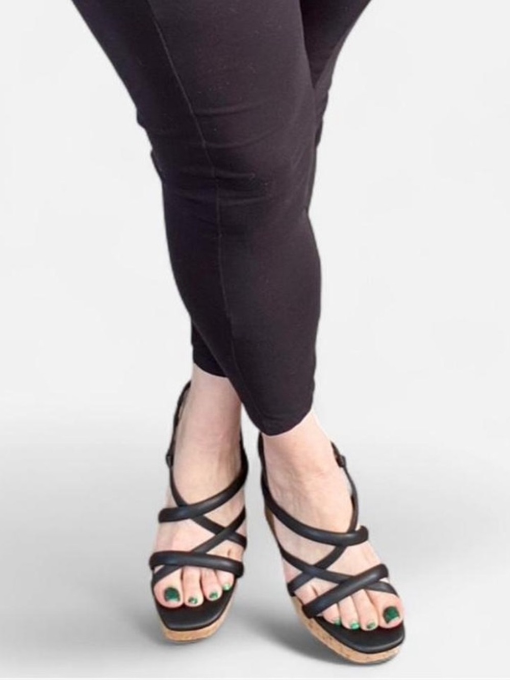 Black Strappy Cork Platform Wedge Sandals - Women